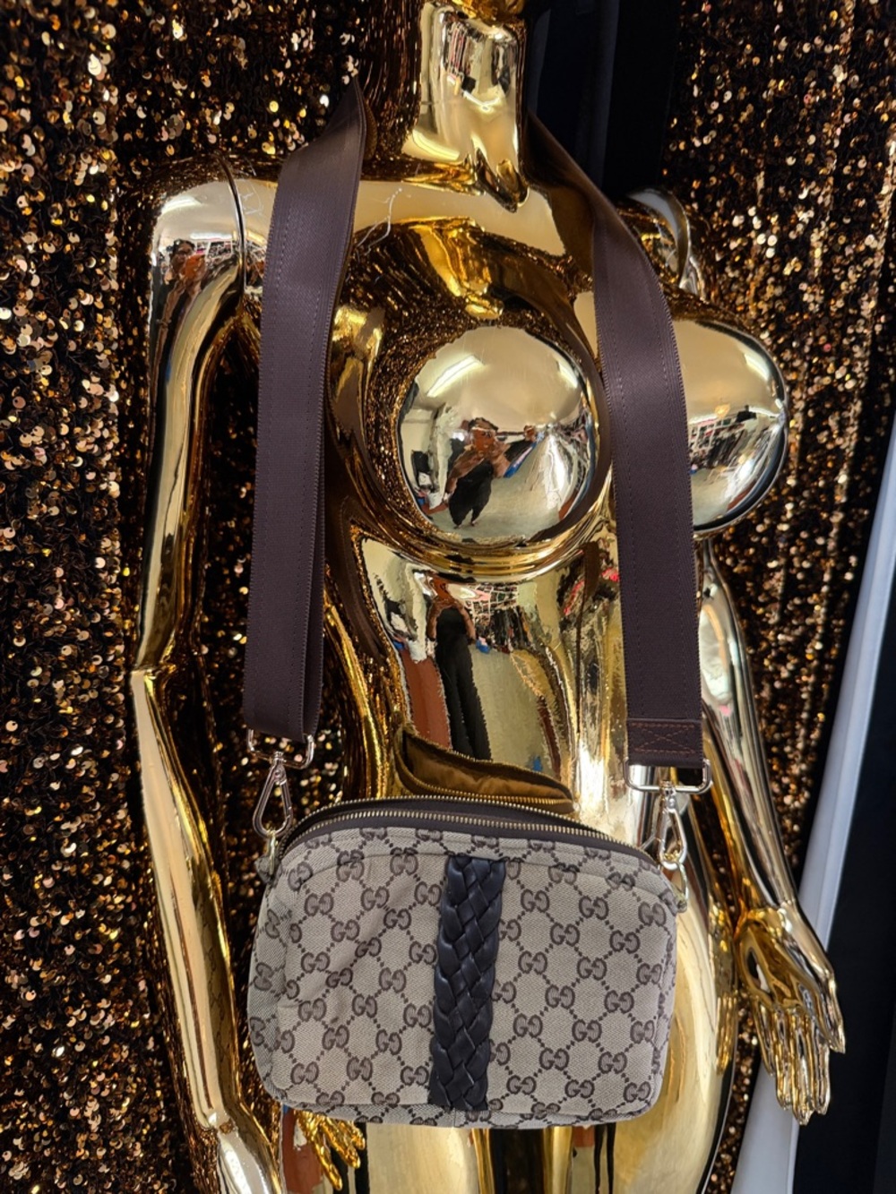 Gucci Beige/Brown GG Canvas Crossbody with Braided Leather Stripe